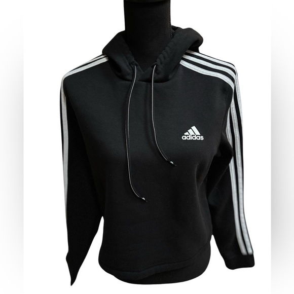 ADIDAS CROPPED  ATHLEISURE ICONIC 3 STRIPE BLACK CASUAL WORKOUT HOODIE TOP SZ M - Picture 3 of 8